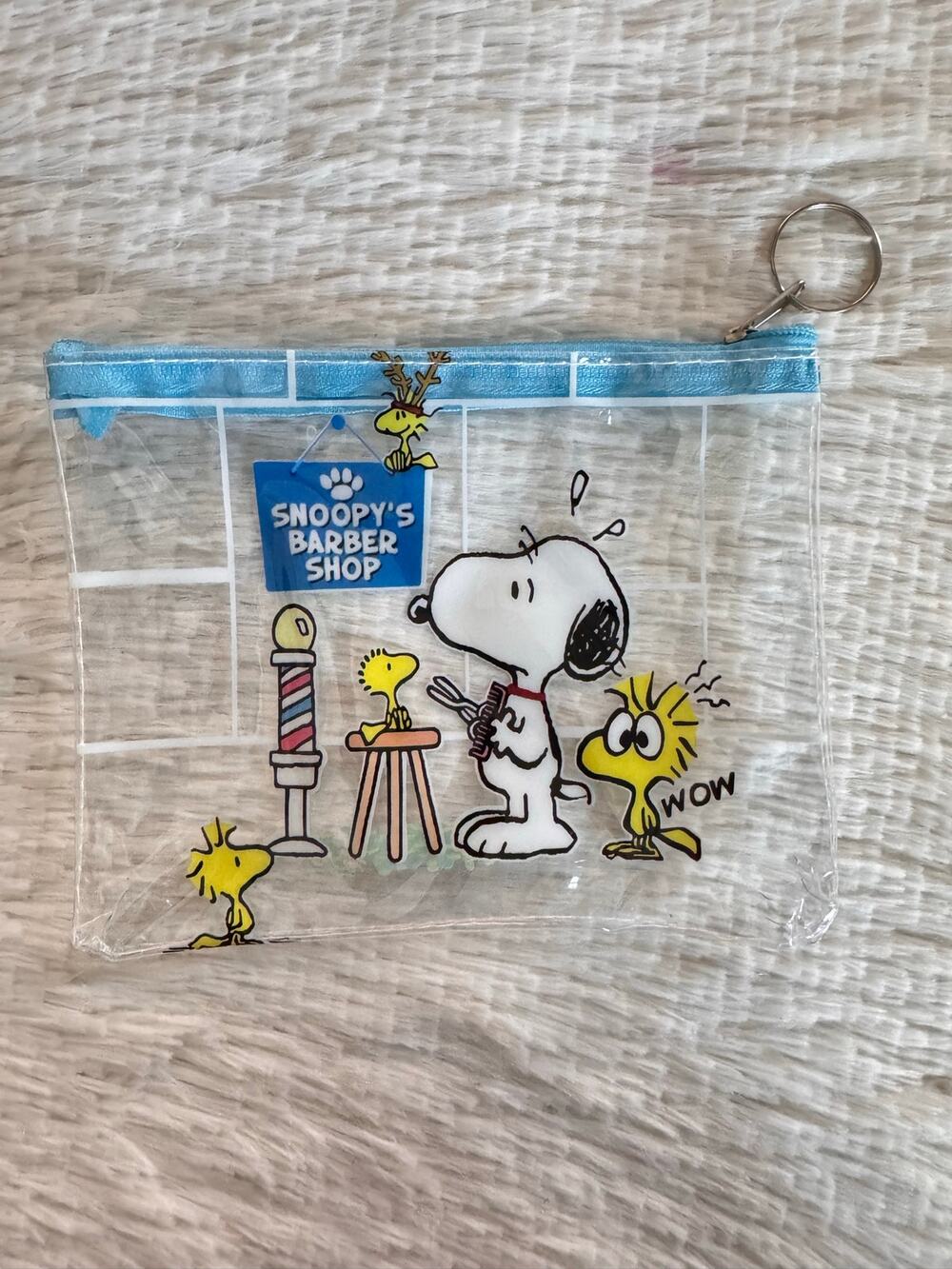 Snoopy and Woodstock in a barber shop transparent pouch keychain zipper